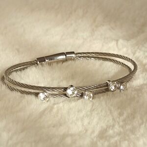 Fossil Cable Bracelet Silver Steel Double Strand Clear Crystal Bangle Modern